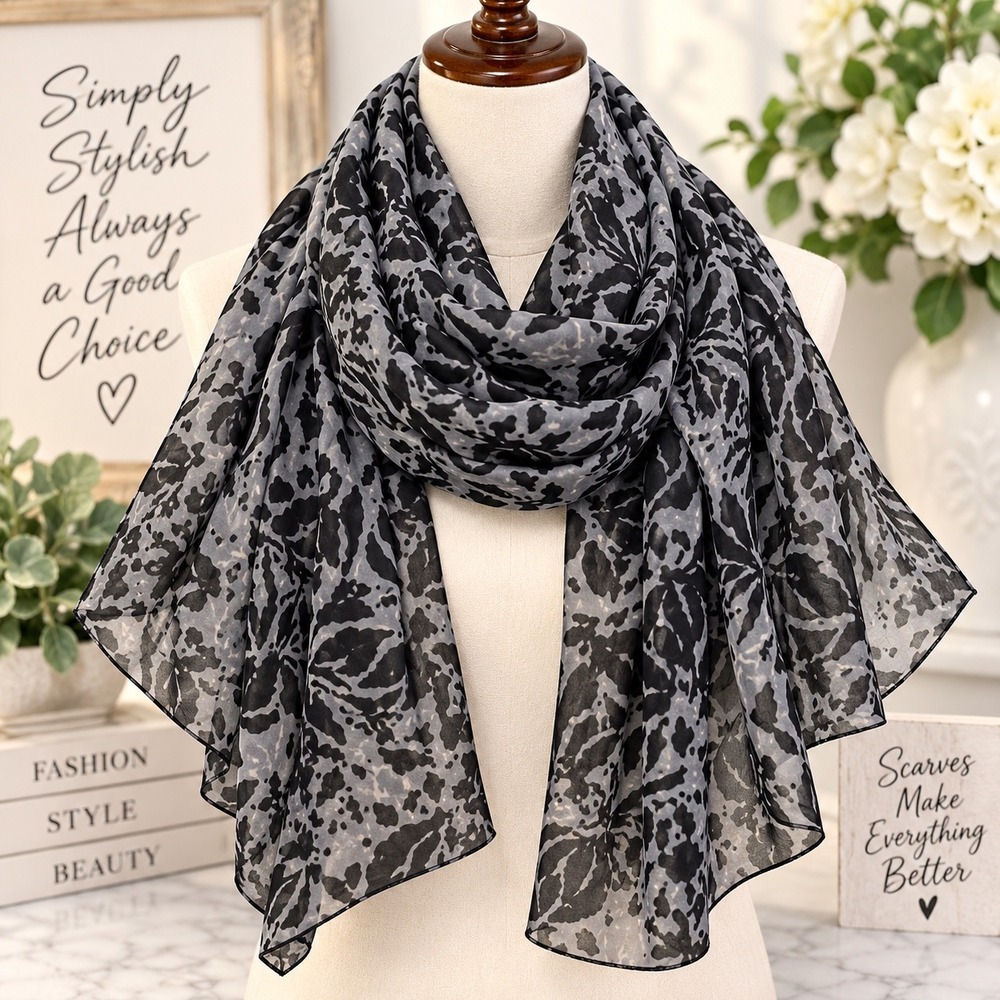 Cejon Grey Black Abstract Animal Print Sheer Lightweight Scarf NWT